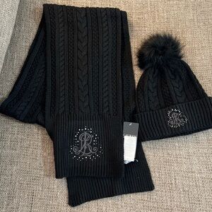 Lauren Ralph Lauren Black cable Knit Hat and Scarf Set/black/nwt